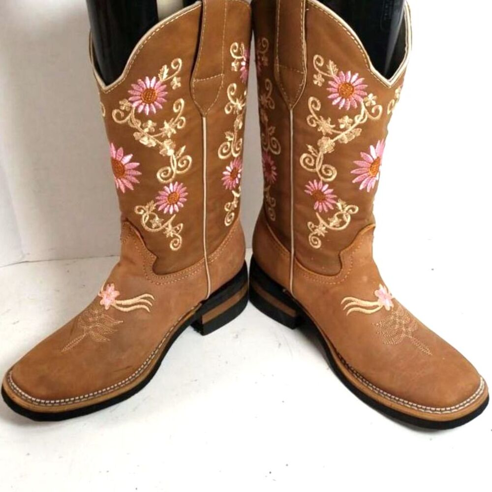 Botas Galopez Floral Embroidered Tan Cowboy Boots - Size 6.5